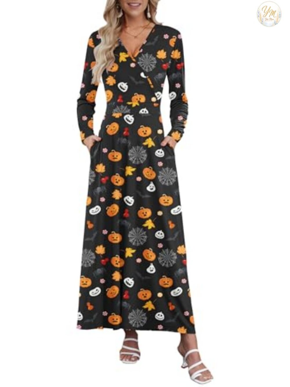 Long Sleeve Maxi Dress V Neck Wrap Cross Front Side Pockets Fall Casual